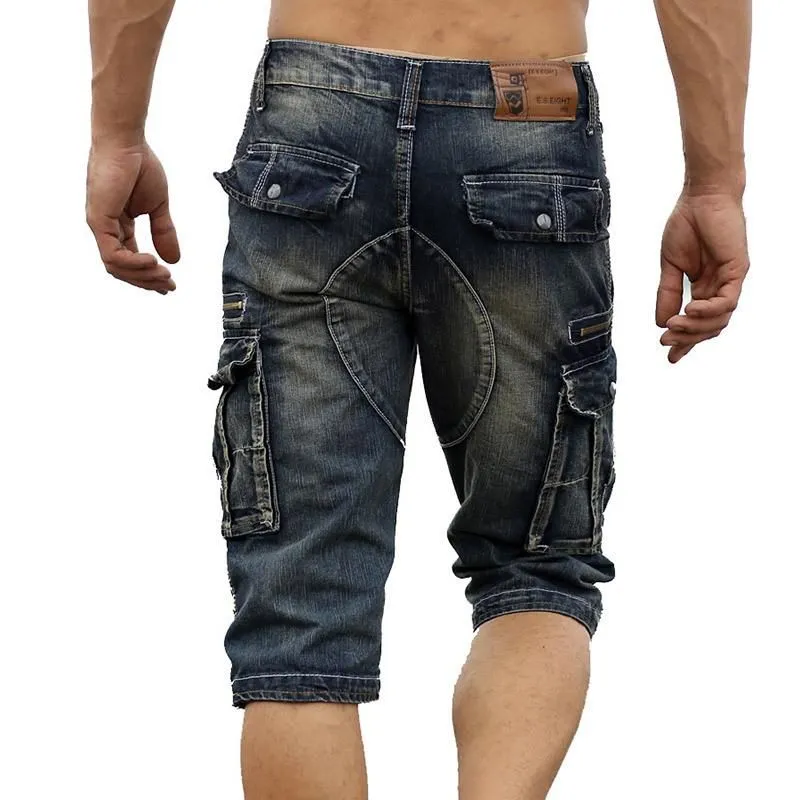 Men`s Jeans Summer Mens Retro Cargo Denim Shorts Vintage Acid Washed Faded Multi-Pockets Military Style Biker Short For MenMen`s