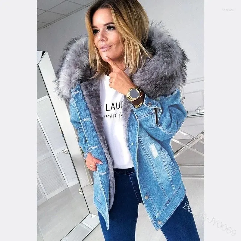 Women`s Jackets European And American Retro Hooded Large Fur Collar Denim Jacket Stylish Casual Warm Mid-length Ripped Distressed