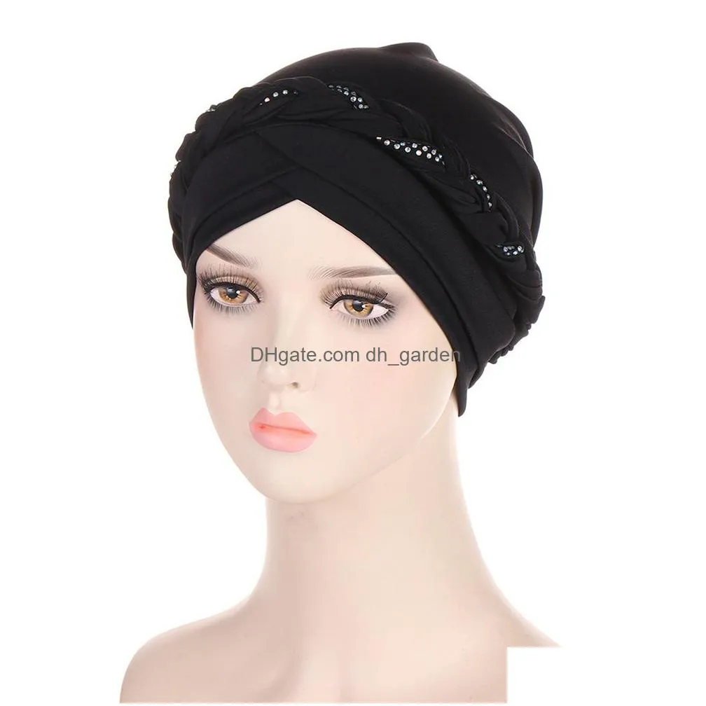 Beanie/Skull Caps India Muslim Women Hijab Hat Cancer Chemo Cap Braid Diamond Turban Headscarf Islam Head Wrap Lady Beanie B Dhgarden Dhgbr
