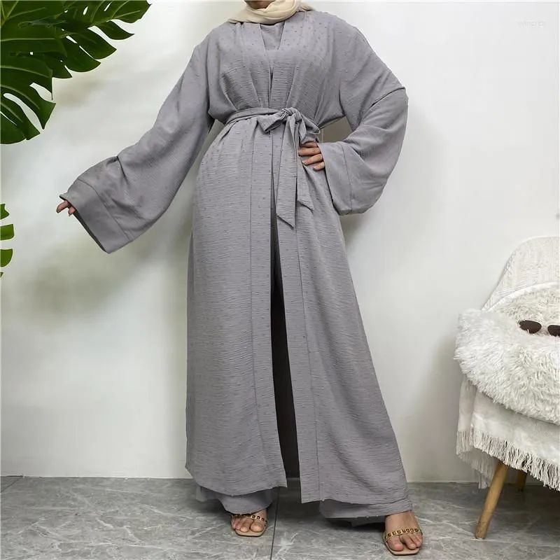 Ethnic Clothing 3 Piece Sets For Muslim Women Long Cardigan Top And Pants With Pockets Islamic Robe Modest Eid Ramadan Abaya Suits