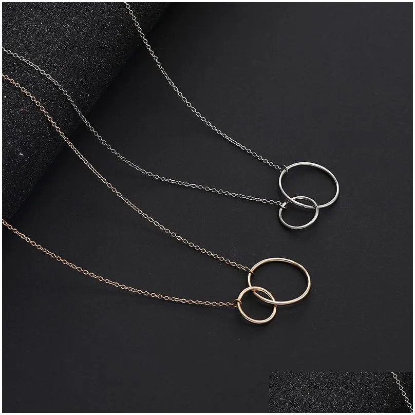 Pendant Necklaces Isang New Casual Double Circle Designer Necklace Sier Gold Chain Women Initial Eternity Interlocking Hoop Infinity D Dhigm