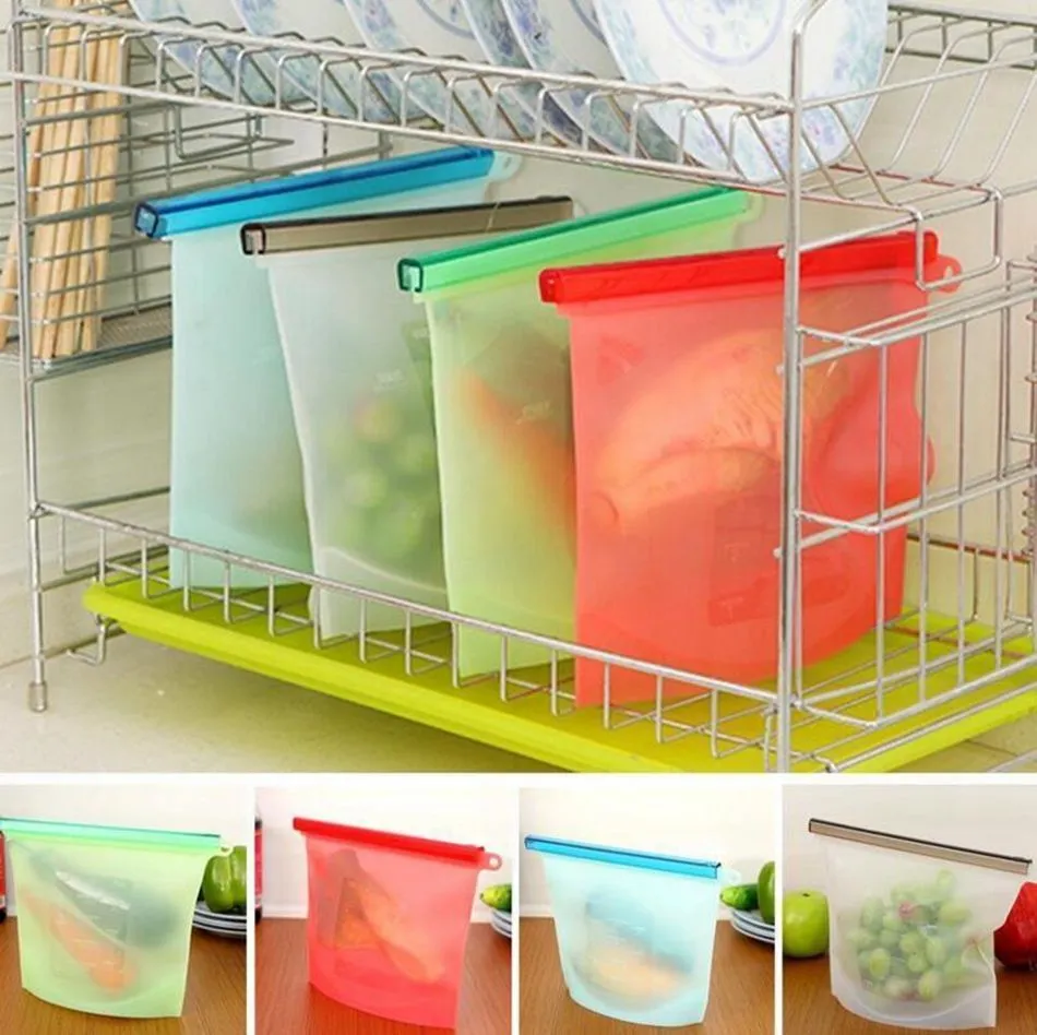 Reusable Silicone Food  Bag Wraps Fridge Storage Containers Refrigerator Tool Kitchen Colored Zip Bags 4 Colors FMT2132