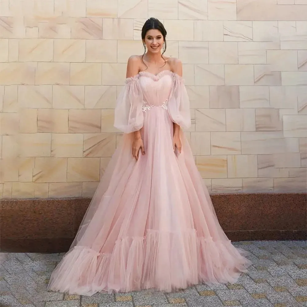 Blush Pink Puff Long Sleeves Prom Dresses Lace Appliqued Romantic Tulle Fairy Formal Evening Gowns Plus Size Pleats Second Reception Birthday Party Dress