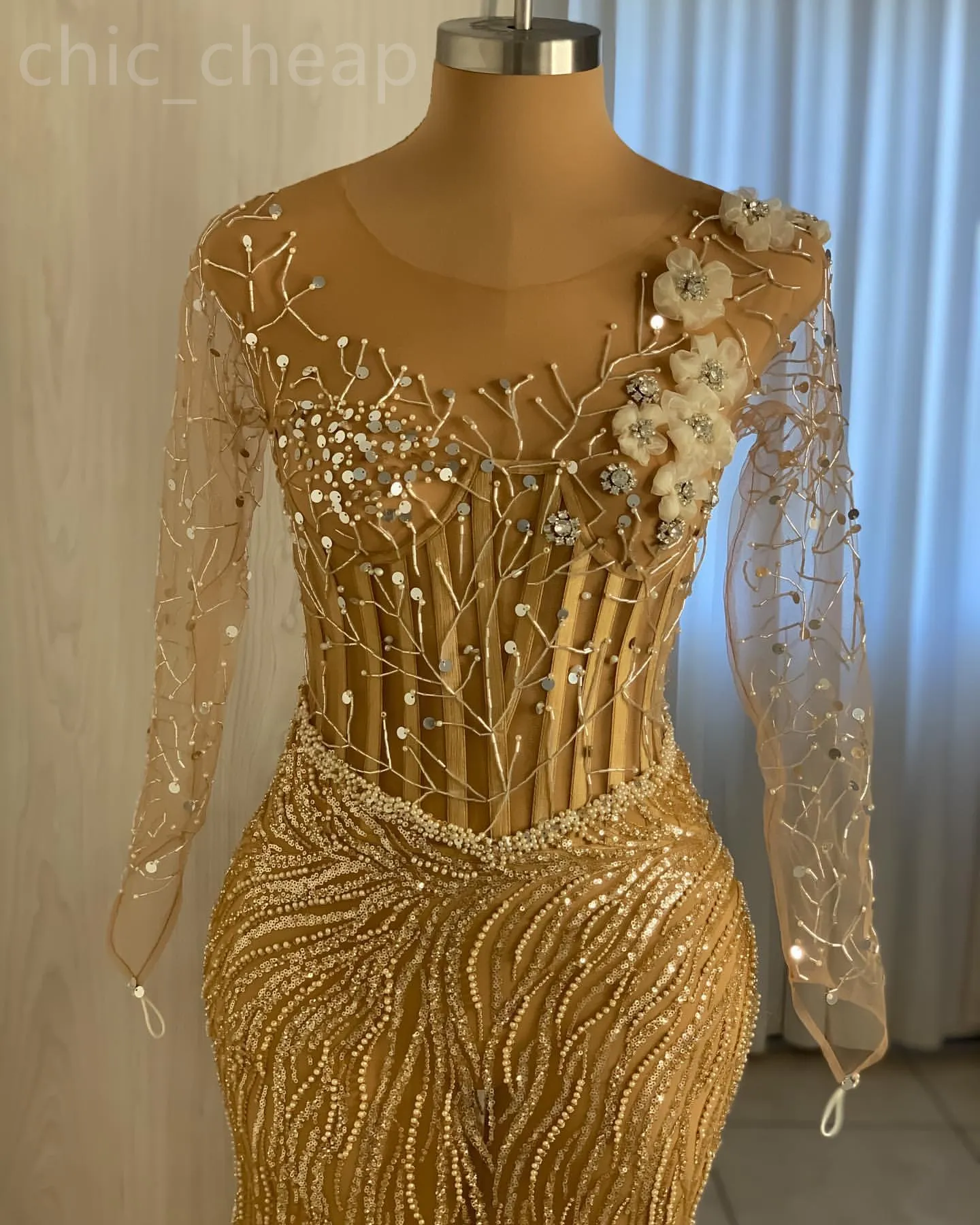 2024 Aso Ebi Gold Mermaid Prom Dress Beaded Crystals See Through Evening Formal Party Second Reception 50th Birthday Engagement Gowns Dresses Robe De Soiree ZJ331