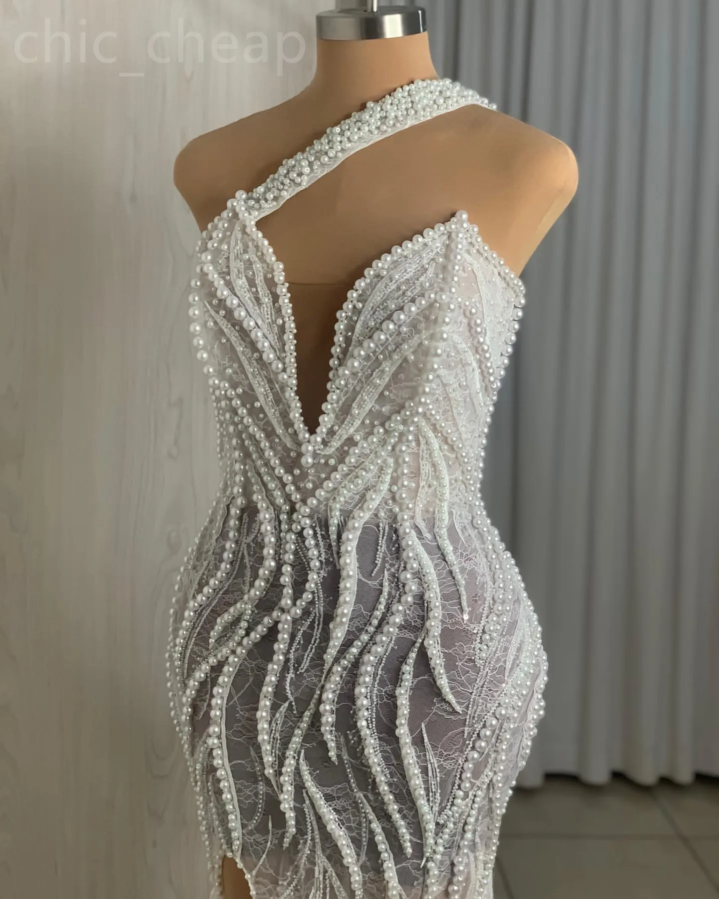 2024 Aso Ebi Wihte Lace Mermaid Prom Dress One Shoulder Pearls Evening Formal Party Second Reception 50th Birthday Engagement Gowns Dresses Robe De Soiree ZJ332