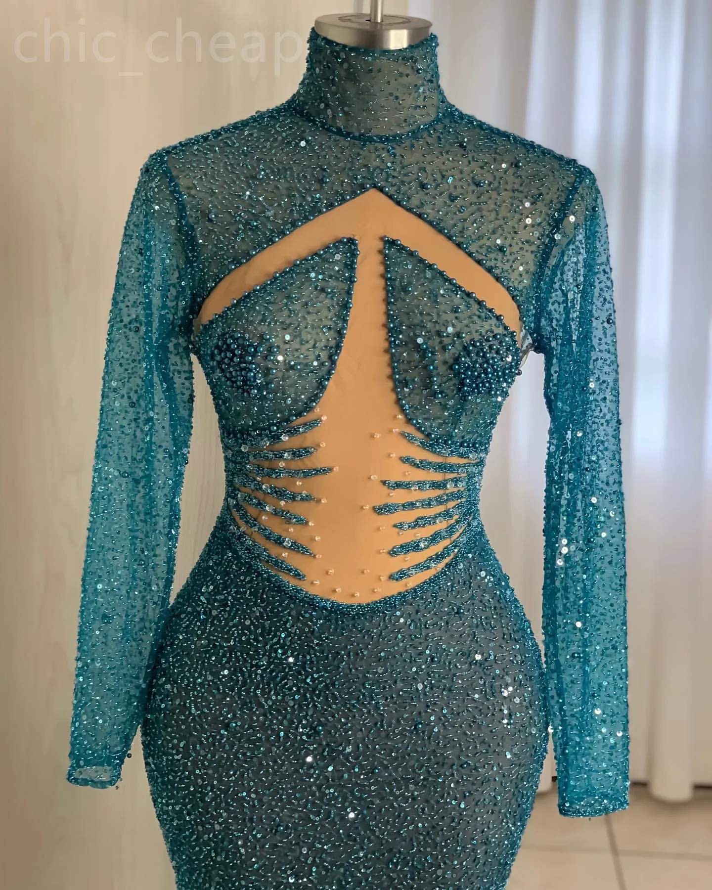 2024 Aso Ebi Blue Mermaid Prom Dress Beaded See Through Sequined Evening Formal Party Second Reception 50th Birthday Engagement Gowns Dresses Robe De Soiree ZJ334