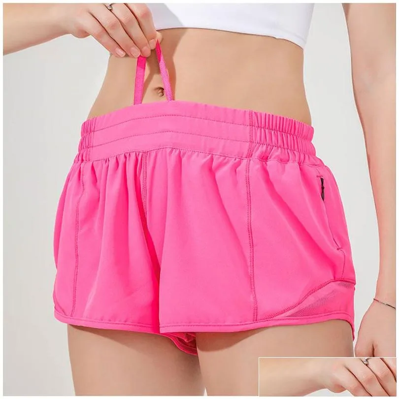 L-091 Hot Low Rise Shorts Breathable Quick-Dry Yoga Shorts Built-in Lined Sports Short Hidden Zipper Side Drop-in Pockets Running Sweatpants with Continuous