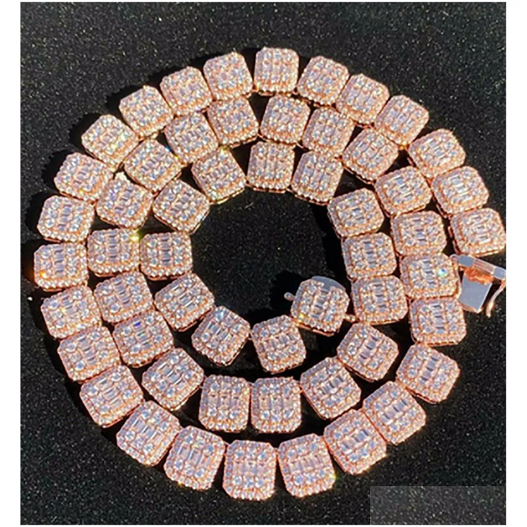 Tennis, Graduated Mens Baguette Tennis Chain Rose Gold Real Solid Icy 1M Cubic Zircon Stones Bling Necklace Hip Hop Jewelry 14- 24Inch Dhcny