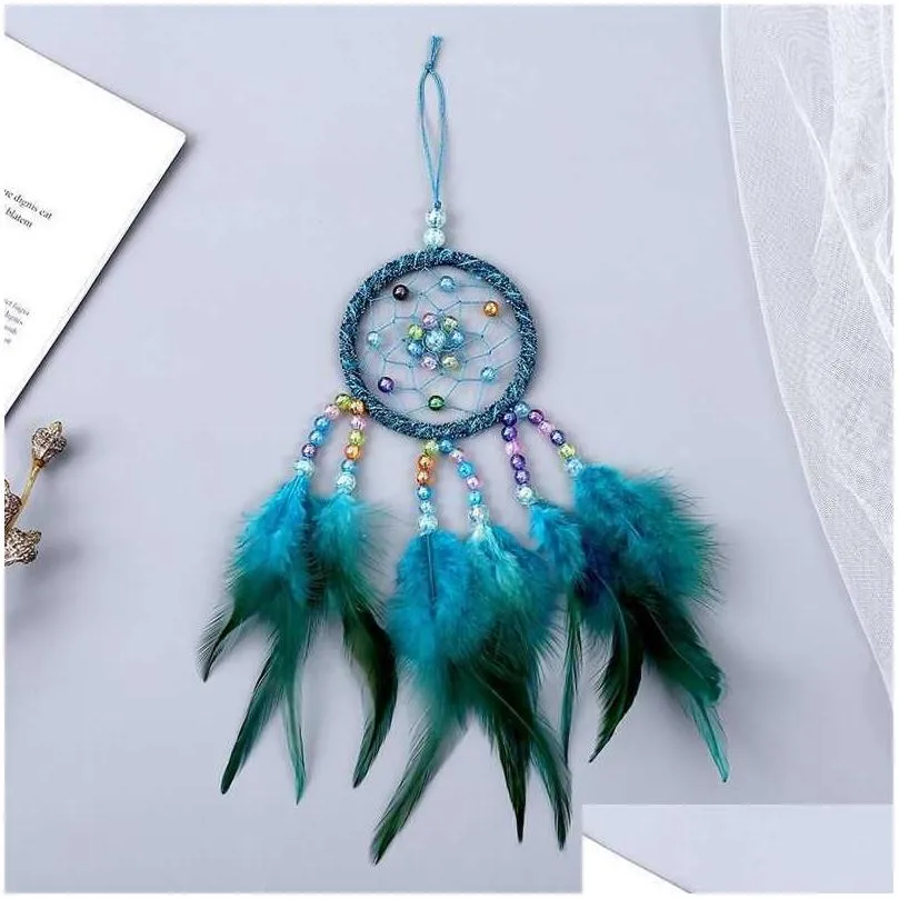 Manual Dreamcatcher Wind Chime Feather Bead Round Aeolian Bells Home Furnishing Decorative Trinkets Dream Catcher Hanging 7 5yxa