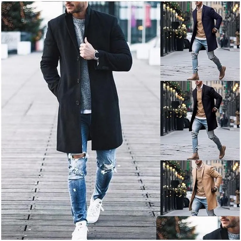 Men`S Trench Coats Spring Winter Mens Brand Fleece Blends Jacket Male Overcoat Casual Solid Slim Collar Long Cotton Coat Streetwear Dr Dhfce