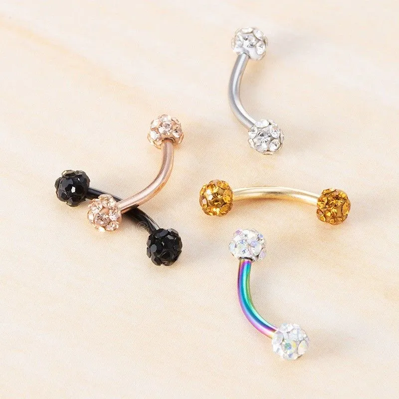 Rhinestone Eyebrow Piercing Banana Ring Stainless Steel Curved Barbell Lip Earrings Daith Helix Stud for Body Jewelry