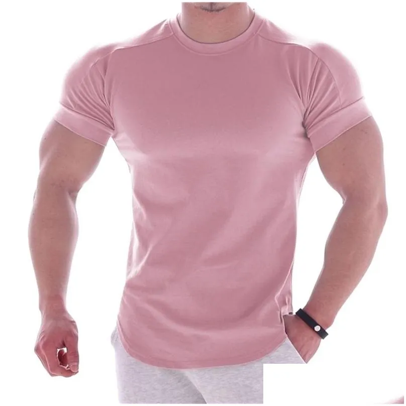 Men`S T-Shirts Gym T-Shirt Men Short Sleeve Casual Blank Slim T Shirt Male Fitness Bodybuilding Workout Tee Tops Summer Clothing 22053 Dhjxb