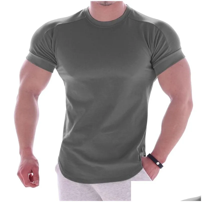 Men`S T-Shirts Gym T-Shirt Men Short Sleeve Casual Blank Slim T Shirt Male Fitness Bodybuilding Workout Tee Tops Summer Clothing 22053 Dhjxb