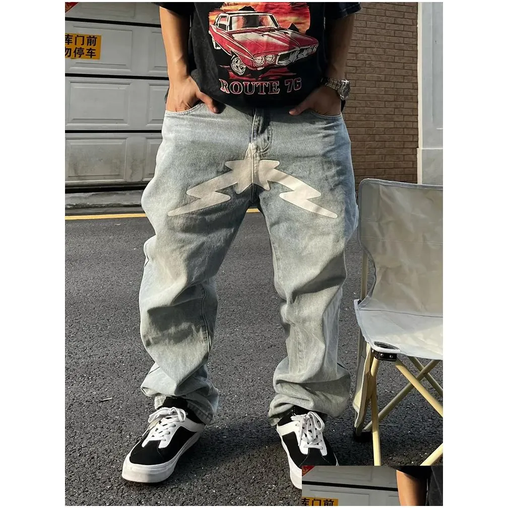 Men`S Jeans Mens Baggy Men Y2K Fashion Designer Black Star Printed Trousers Bot Streetwear Casual Low Waist Loose Straight Drop Deliv Dhicn