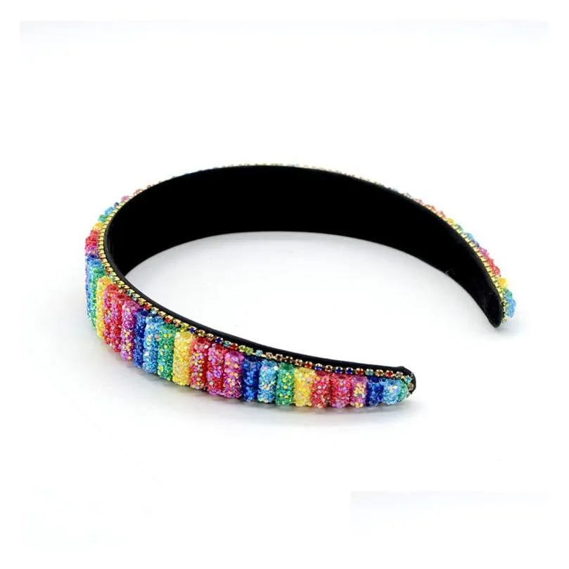 Dropshipping Fashion headband gorgeous rainbow color hair Stichs color handmade beaded wide edge rhinestone