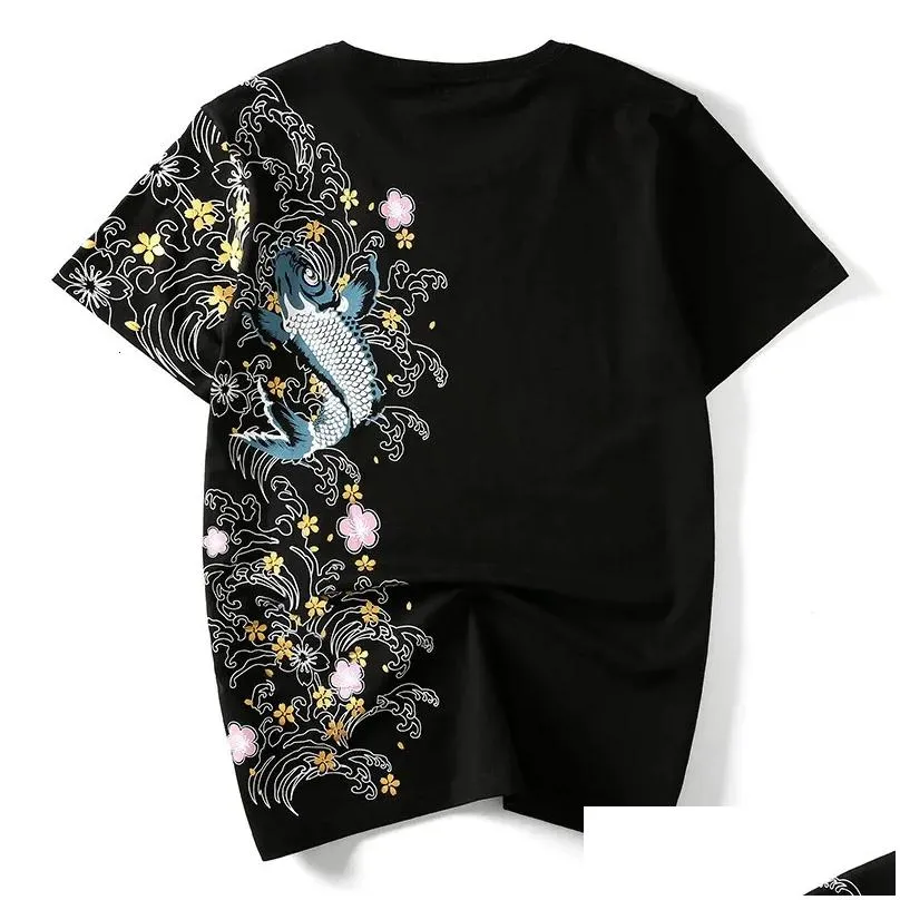 Men`S T-Shirts Lyprerazy Retro Japan Embroidery T Shirt Koi Fish Print White Tops Tees Summer Harajuku Men Hip Hop Tshirt Streetwear 2 Dhz8X