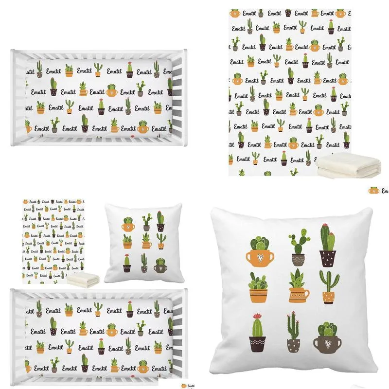 LVYZIHO Prickly Pear Cactus Crib Bedding Set, Custom Name Baby Bedding Set, Baby Shower Gift Bedding Set