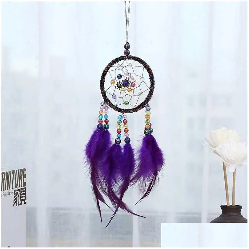 Manual Dreamcatcher Wind Chime Feather Bead Round Aeolian Bells Home Furnishing Decorative Trinkets Dream Catcher Hanging 7 5yxa