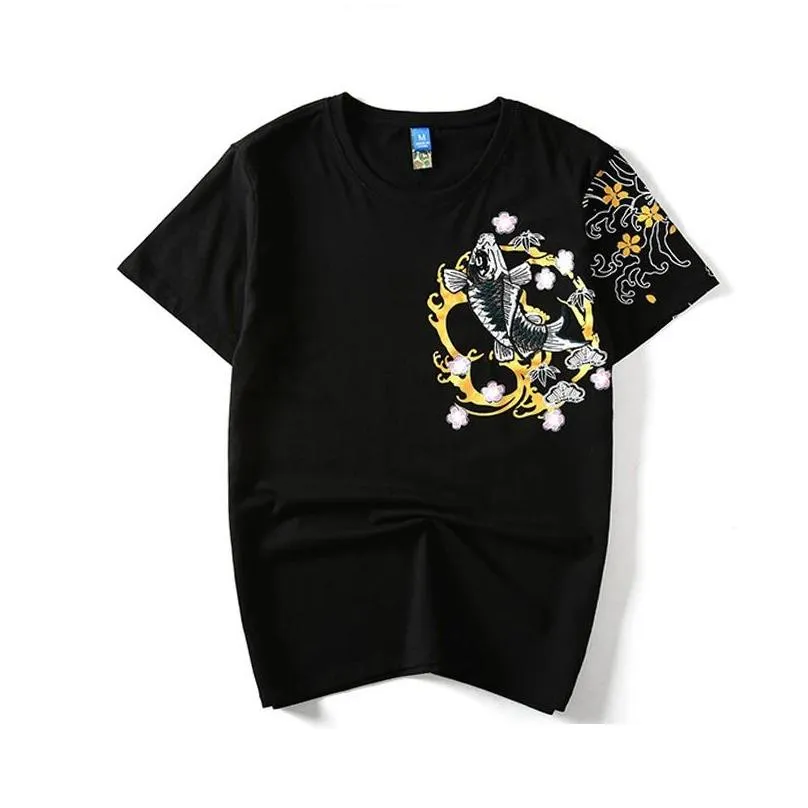 Men`S T-Shirts Lyprerazy Retro Japan Embroidery T Shirt Koi Fish Print White Tops Tees Summer Harajuku Men Hip Hop Tshirt Streetwear 2 Dhz8X