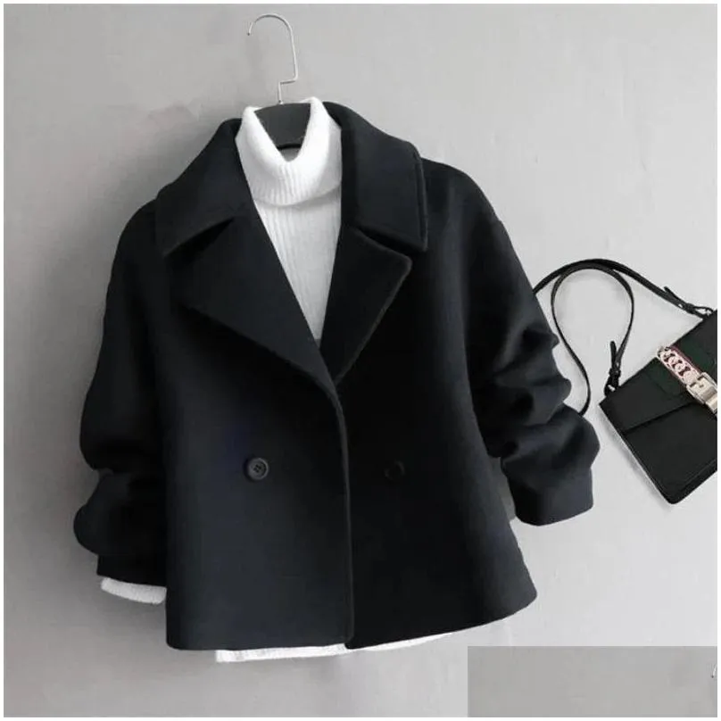 Women`S Wool & Blends Womens Autumn Winter Woolen Coat Women Short Slim Fashion Double-Breasted Suit Collar Cardigan Jacket Female Out Dh8Pc