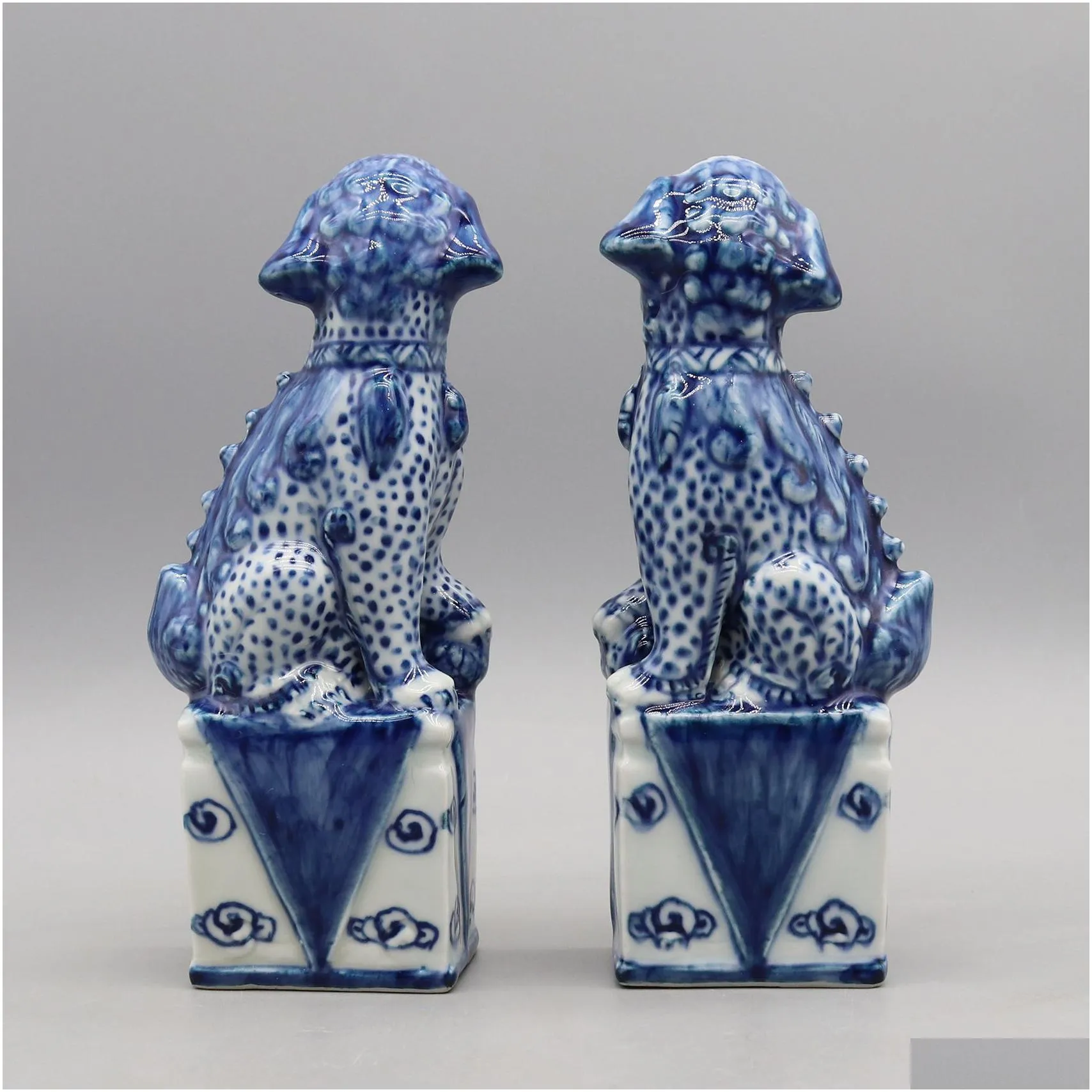 Blue and White Ceramic Foo Dogs, Fu Dogs, Buddha Dogs, Collectible Guardian lions, Ceramic Sculpture, Home decoration