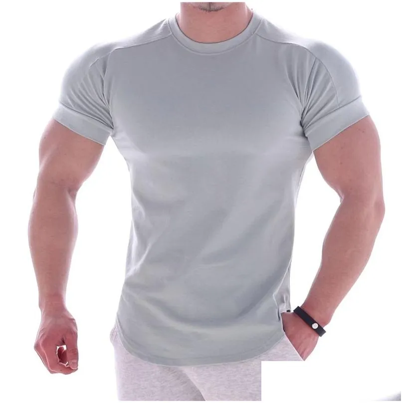 Men`S T-Shirts Gym T-Shirt Men Short Sleeve Casual Blank Slim T Shirt Male Fitness Bodybuilding Workout Tee Tops Summer Clothing 22053 Dhjxb