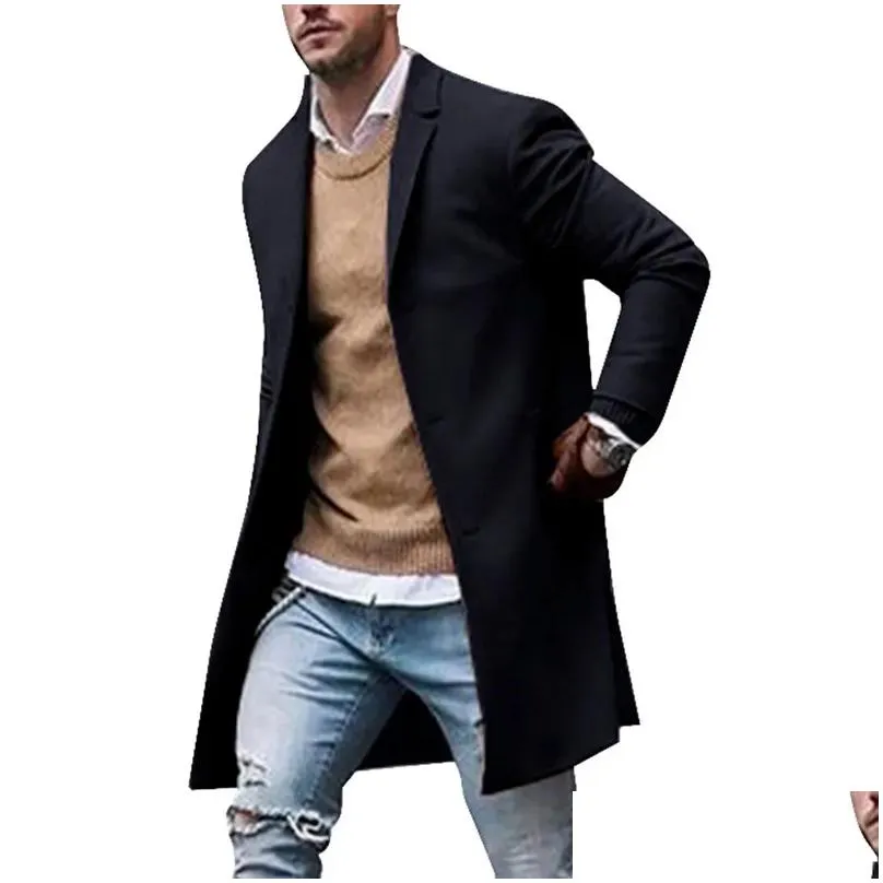 Men`S Trench Coats Spring Winter Mens Brand Fleece Blends Jacket Male Overcoat Casual Solid Slim Collar Long Cotton Coat Streetwear Dr Dhfce