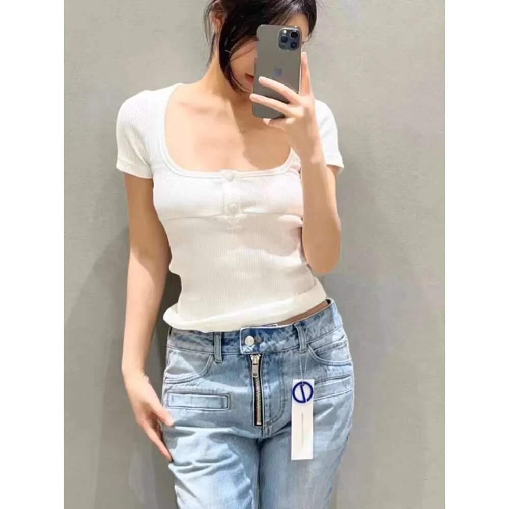 Maternity Tops & Tees Courreges Elastic Thread Square Neck Sleeve T-shirt Summer Versatile Embroidery Slim Fit Open Back Short Top