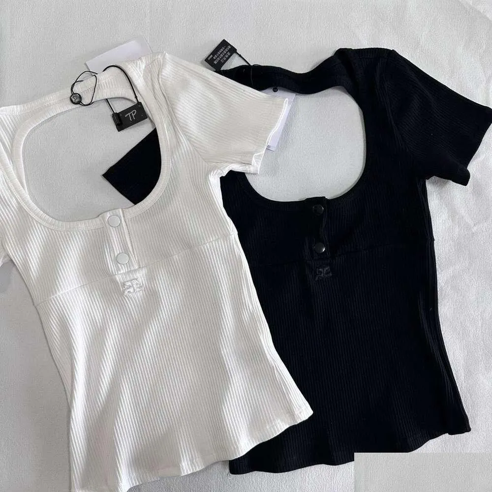 Maternity Tops & Tees Courreges Elastic Thread Square Neck Sleeve T-shirt Summer Versatile Embroidery Slim Fit Open Back Short Top