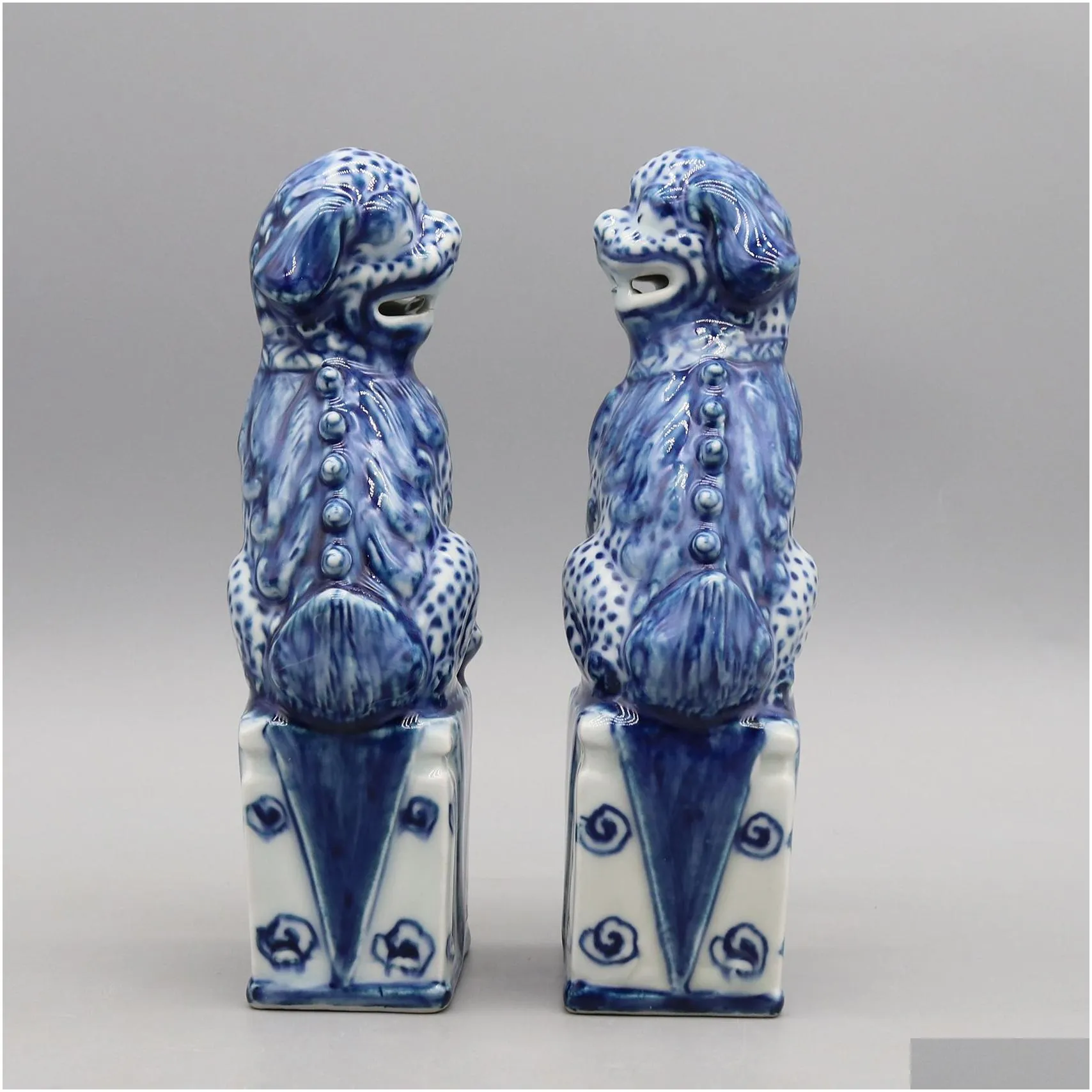 Blue and White Ceramic Foo Dogs, Fu Dogs, Buddha Dogs, Collectible Guardian lions, Ceramic Sculpture, Home decoration