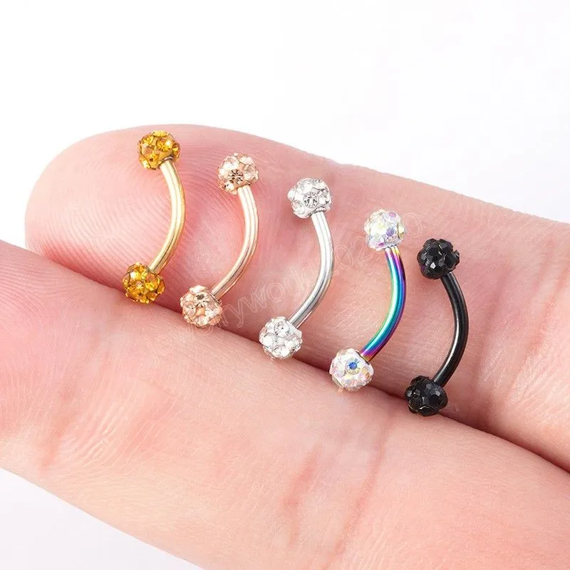 Rhinestone Eyebrow Piercing Banana Ring Stainless Steel Curved Barbell Lip Earrings Daith Helix Stud for Body Jewelry