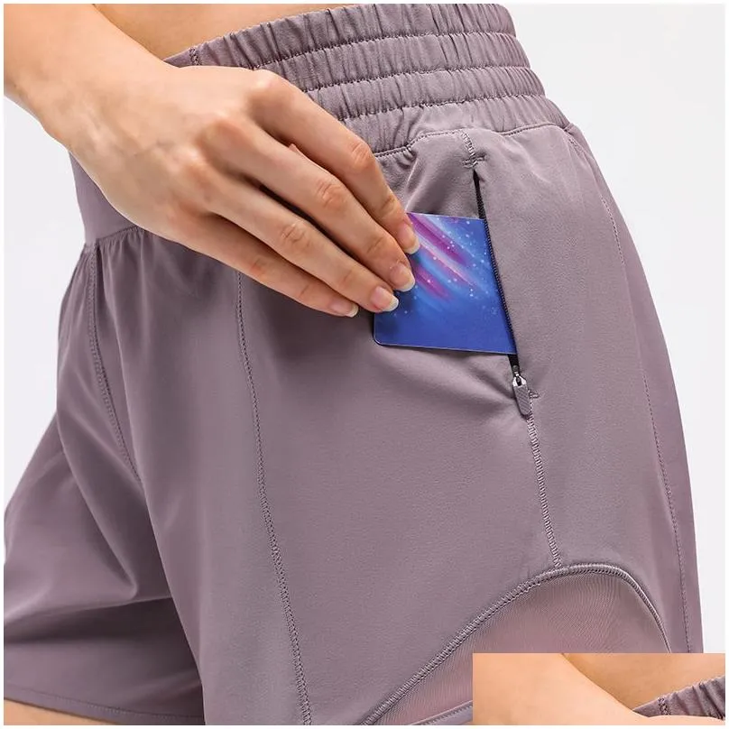 L-091 Hot Low Rise Shorts Breathable Quick-Dry Yoga Shorts Built-in Lined Sports Short Hidden Zipper Side Drop-in Pockets Running Sweatpants with Continuous