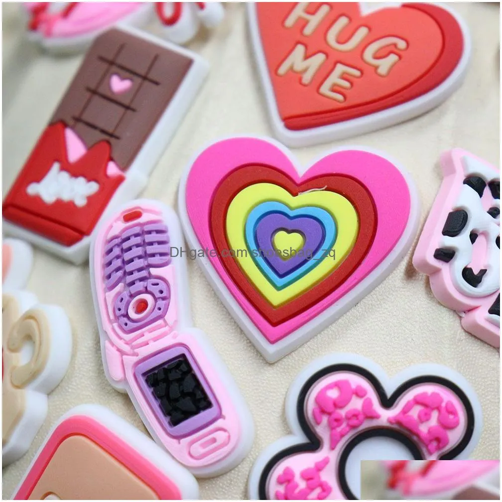 Wholesale 100Pcs PVC Happy Valentine`s Day Hello Gorgeous Soul Mate Shoe Charms Girls Woman Buckle Decorations For Backpack Button