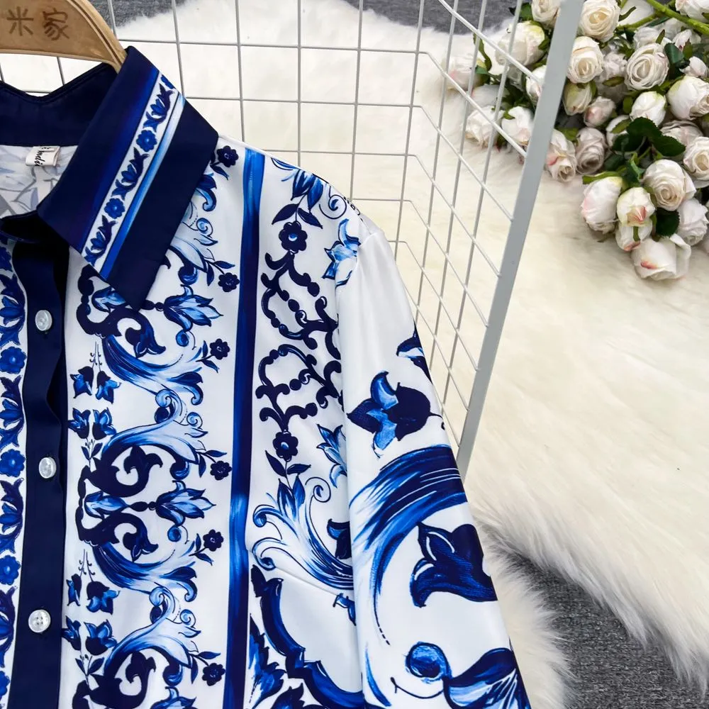 Two Piece Dress Runway Blue And White Porcelain Set Women`s Lapel Long Sleeve Print Blouse Shirts And High Waist Cropped Pants Trousers Suit