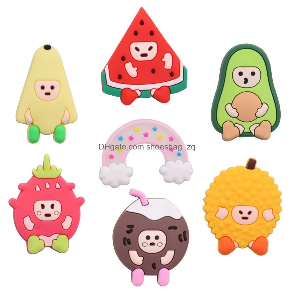 MOQ 20Pcs PVC Cartoon Food Coconut Dragon Fruit Pear Durian Avocado Watermelon Shoe Parts Accessories Designer Decorations Buckle Charms For