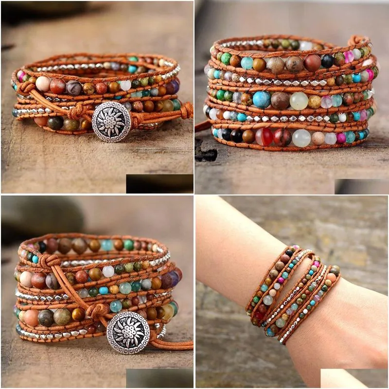 Chain Leather Wrap Bracelets Drop Women Graduated Natural Stones Sier Color Beads Mtilayers Wholesale 230606 Delivery Dhtlz