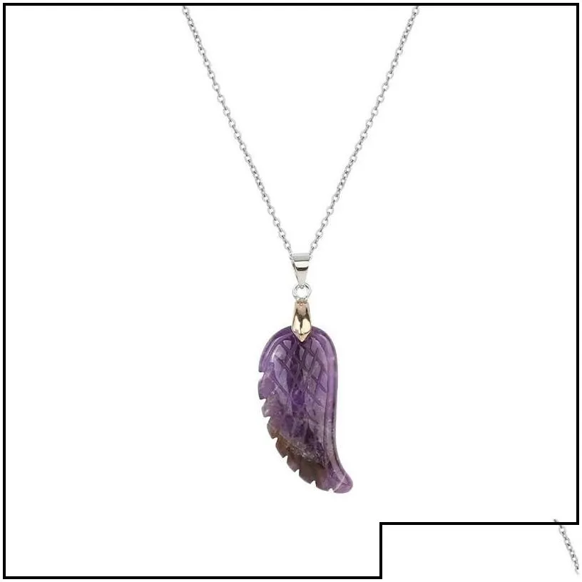 Pendant Necklaces Aura Healing Crystal Quartz Gemstone Jewelry Necklaces Angel Wings Carved Stone Pendant Necklace Unisex Drop Deliv
