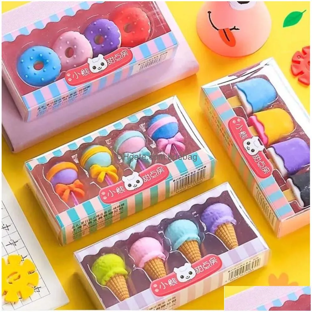 4pcs yummy favor dessert erasers dhs set mini lollipop icecream popsicle donuts rubber pencil eraser for kids school student award