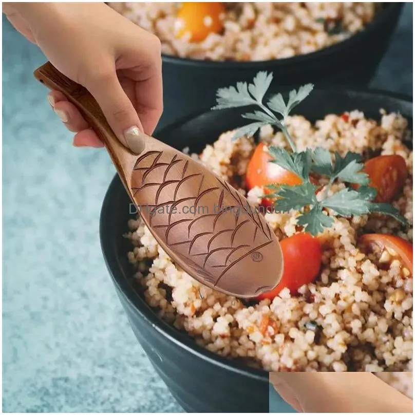 Fish Pattern Wooden Rice Food Spoon Kitchen Cooking Tools Utensil Scoop Paddle Japanese Wooden Rice Spoon 4.23
