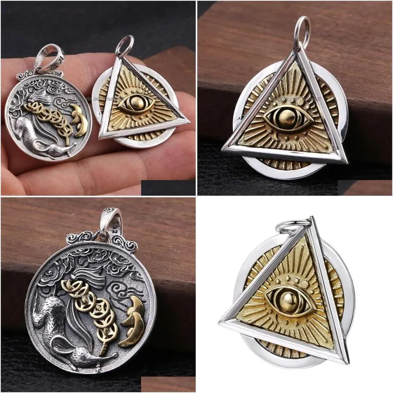 pendants bocai solid s925 silver jewelry money zodiac rat auspicious clouds pyramid eye of god round card 925 silver pendant for