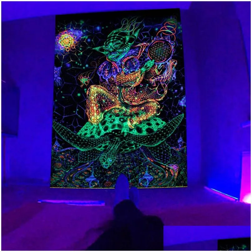 Tapestries Escent Tapestry European And American Black Light Hanging Cloth Poster Home Decoration Background Psychedelic Trippy 23021 Dhmzx