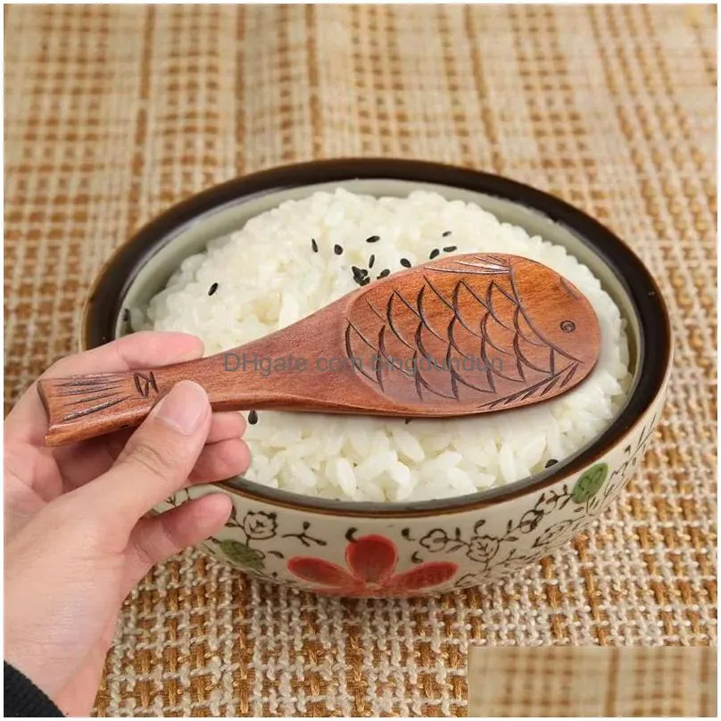 Fish Pattern Wooden Rice Food Spoon Kitchen Cooking Tools Utensil Scoop Paddle Japanese Wooden Rice Spoon 4.23