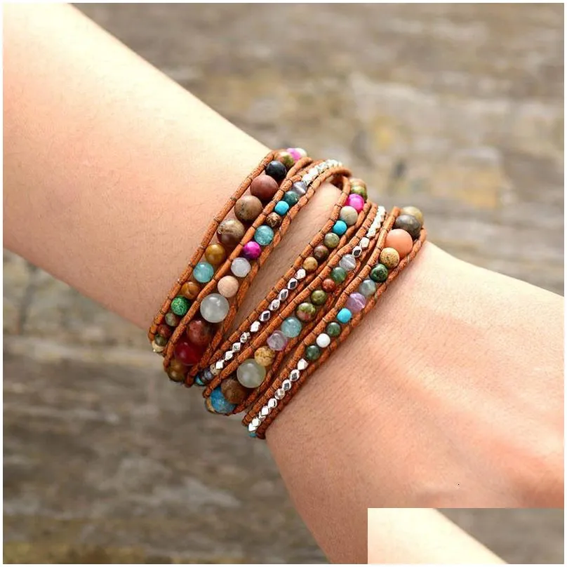 Chain Leather Wrap Bracelets Drop Women Graduated Natural Stones Sier Color Beads Mtilayers Wholesale 230606 Delivery Dhtlz