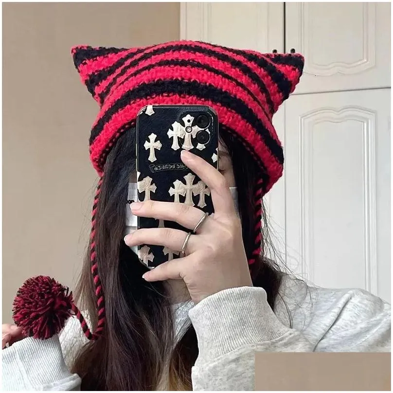 Beanie/Skull Caps Y2K Cute Devil Knitted Beanie Hat Ins Sklies Striped Knitting Wool Cap Autumn Winter Cat Ears Pointed Plover Women H Dhzk1
