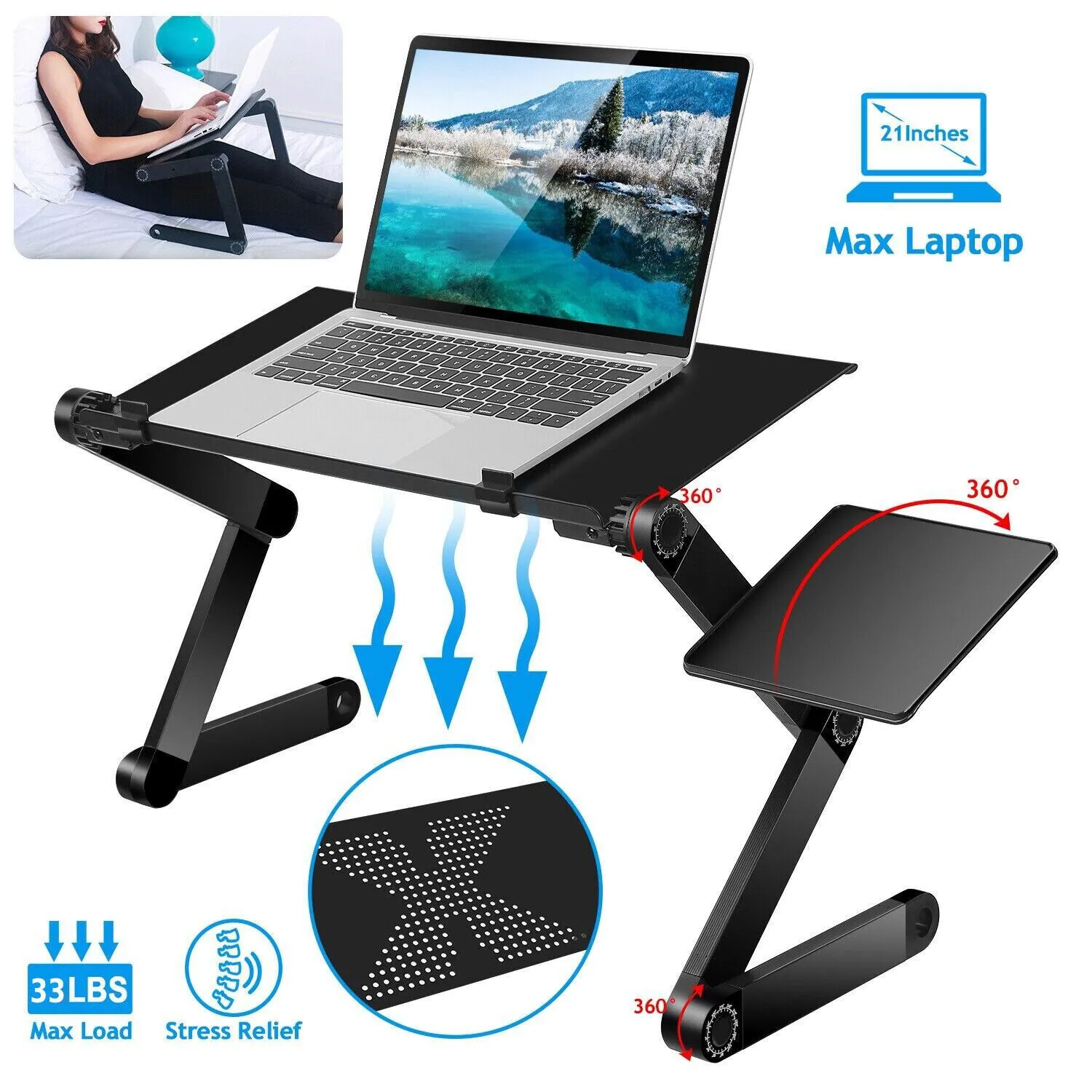 Adjustable Laptop Table Stand Tray Sofa Bed Notebook Foldable Desk + Cooling Fan