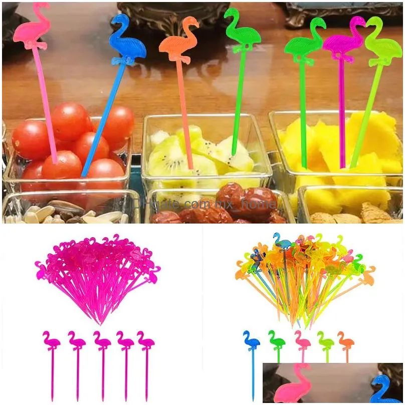 50pcs cute flamingo fruit forks plastic cupcake dessert salad sticks cocktail toothpick bachelor hawaii beach party supplies