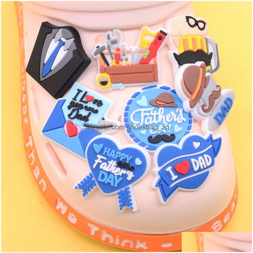 Wholesale 100Pcs PVC Happy Father`s Day I Love You Beer Heart Dad Suit Garden Shoe Buckle Boys Girls Accessories For Backpack Charms Button