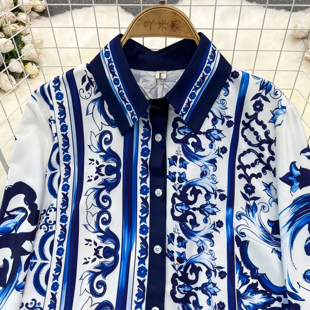 Two Piece Dress Runway Blue And White Porcelain Set Women`s Lapel Long Sleeve Print Blouse Shirts And High Waist Cropped Pants Trousers Suit
