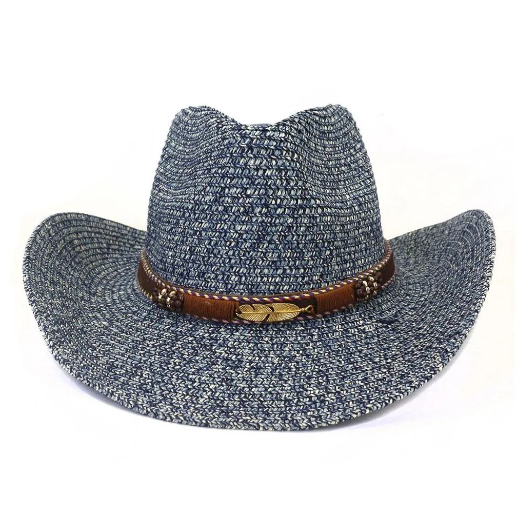 Western Straw  Hats for Women Men Summer Wide Brim Beach Panama Cowgirl Cap Sun Protection Top Hat Sombreros De Mujer