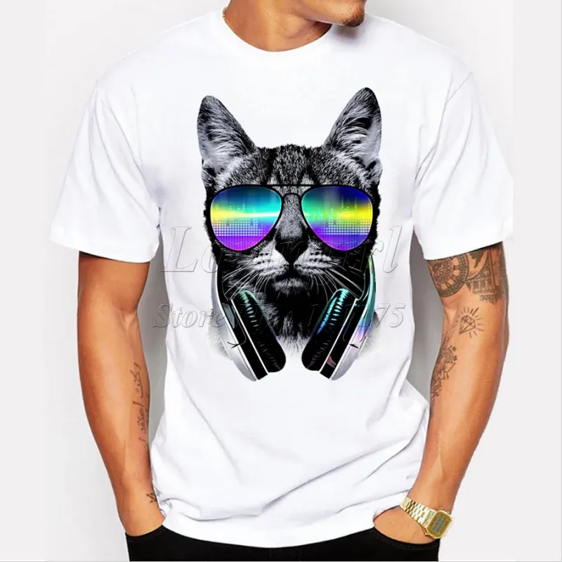 TEEHUB fashion short music DJ cat printed Funny t-shirt men tops